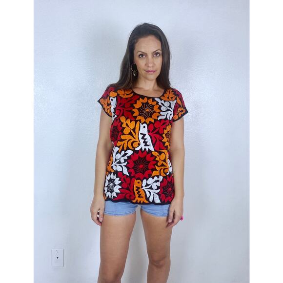 vintage 70s Orange Red EMBROIDERED BIRDS Jalapa Huipil MEXICAN Top os tunic boho - Picture 2 of 10